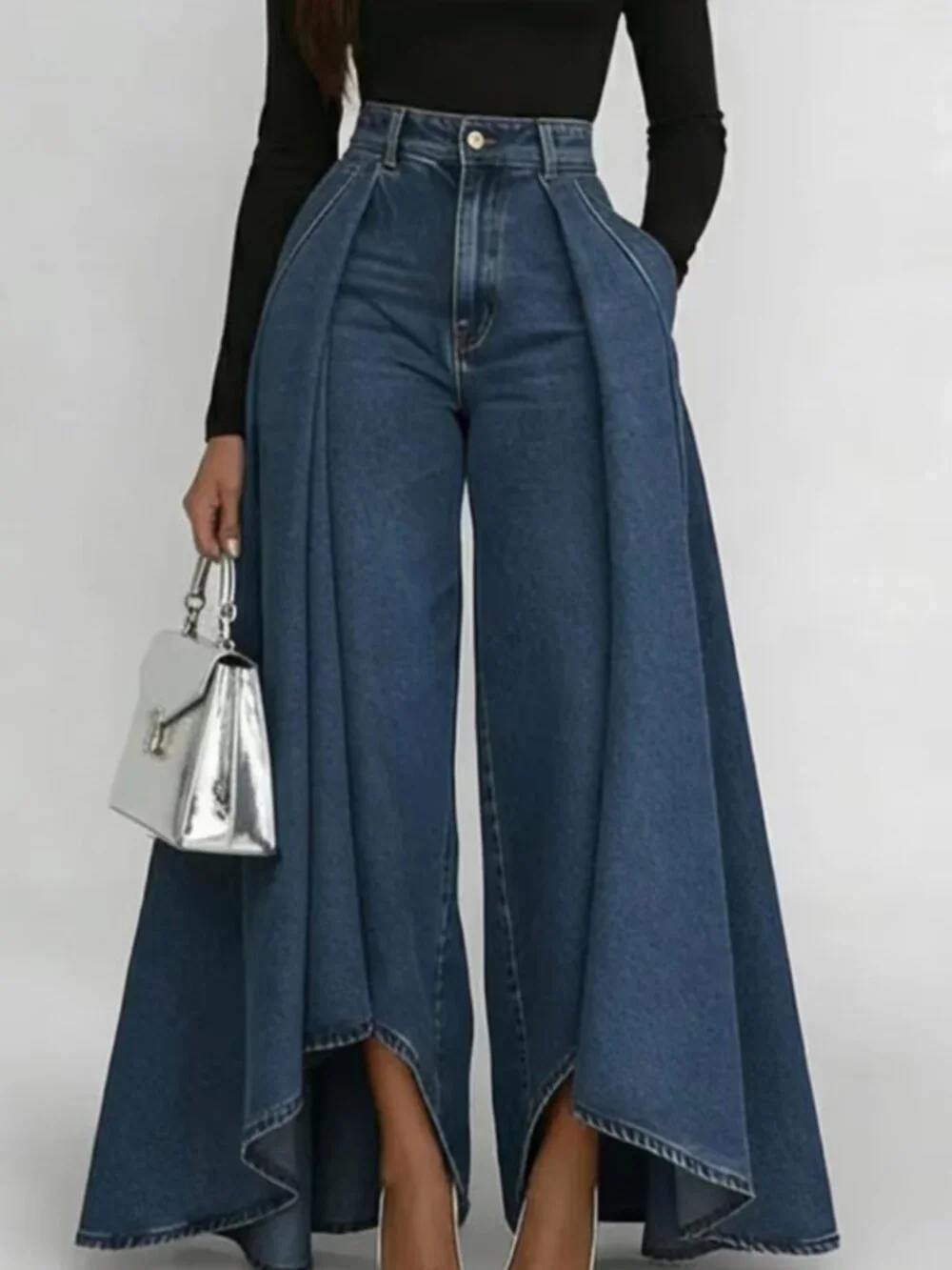 New Large Long Swing Solid Color Casual Imitation Denim Printed Straight Leg Pan